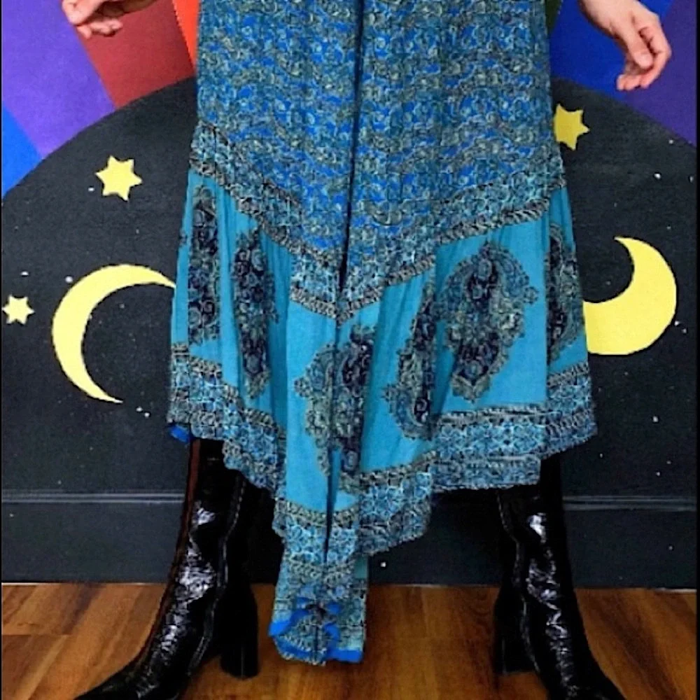 ANGIE Pants Skirt Wide Leg Boho Blue Green Black Rayon Flowy Hi Lo Size Small